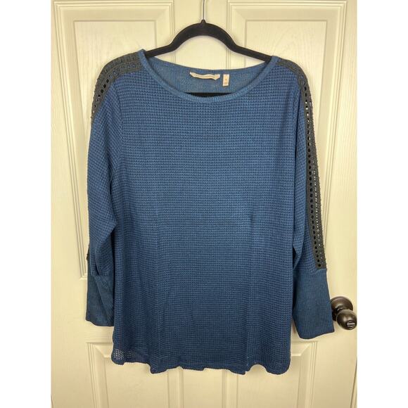 Soft Surroundings Bailey Waffle Knit Dark Blue Thermal Crochet Top Petite Large - Picture 9 of 10
